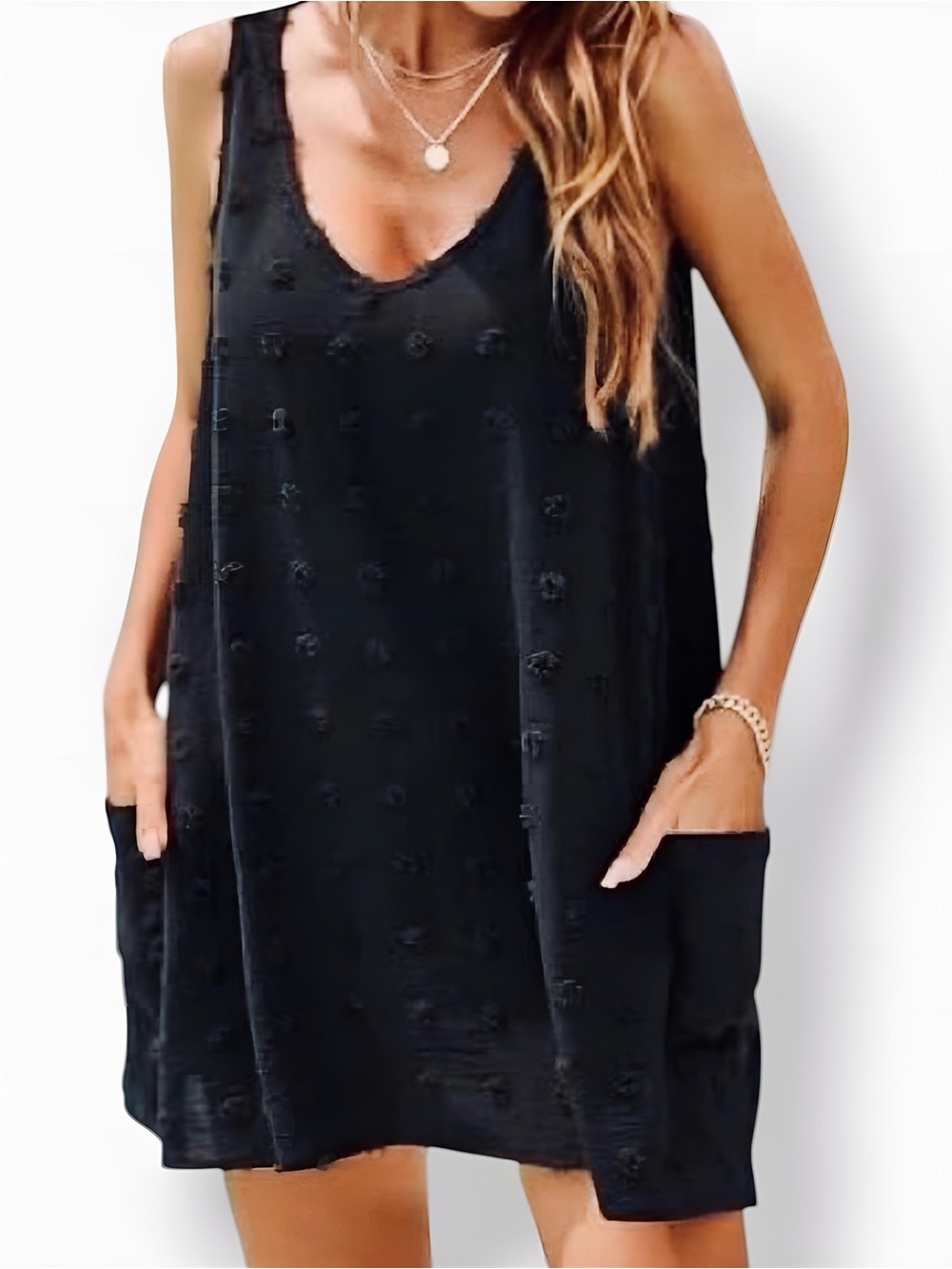 Black Swiss Fuzzy Polka Dot Swim Coverup Swimsuit Dress Flowy V-Neck w POCKETS!